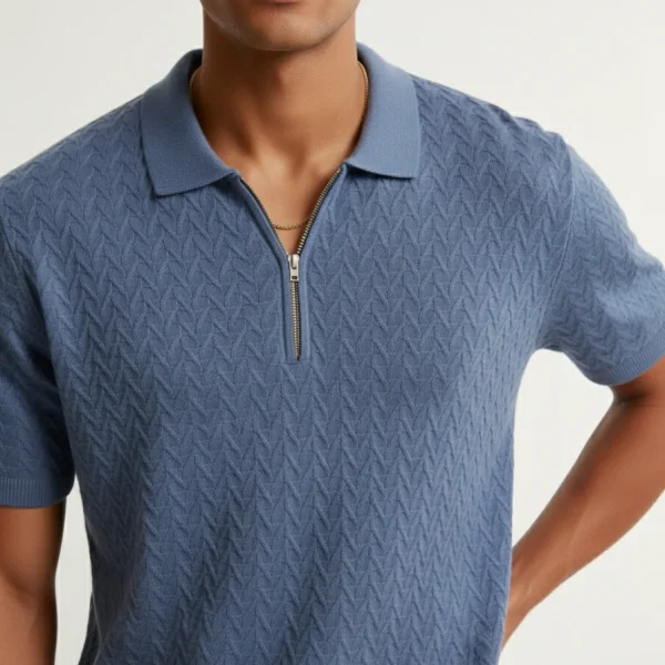 Zigzag Dusty Blue Zip Knit Polo